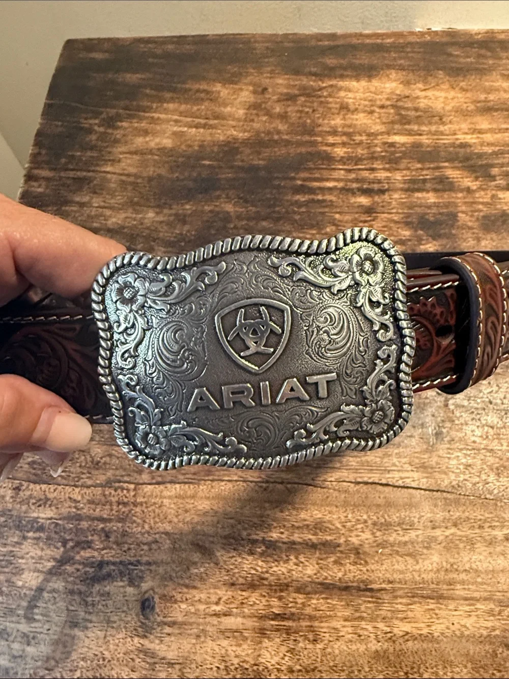 Ariat Brown Tooled Leather Belt with Silver Buckle